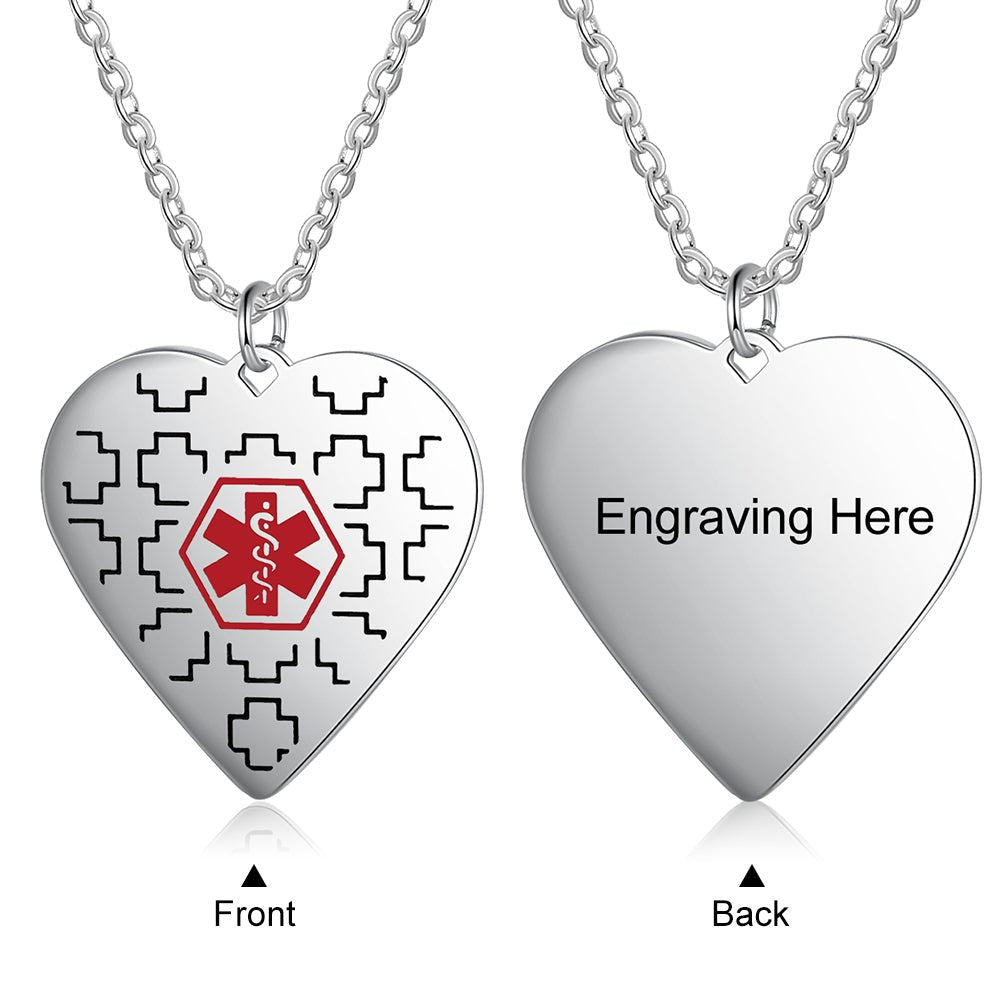 Personalized stainless steel medical ID necklace, white gold plated, heart pendant, 30mm, emergency alert.