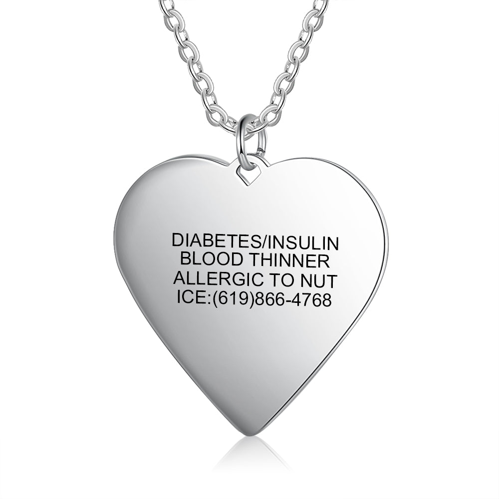 Personalized stainless steel medical ID necklace, white gold plated, heart pendant, 30mm, emergency alert.