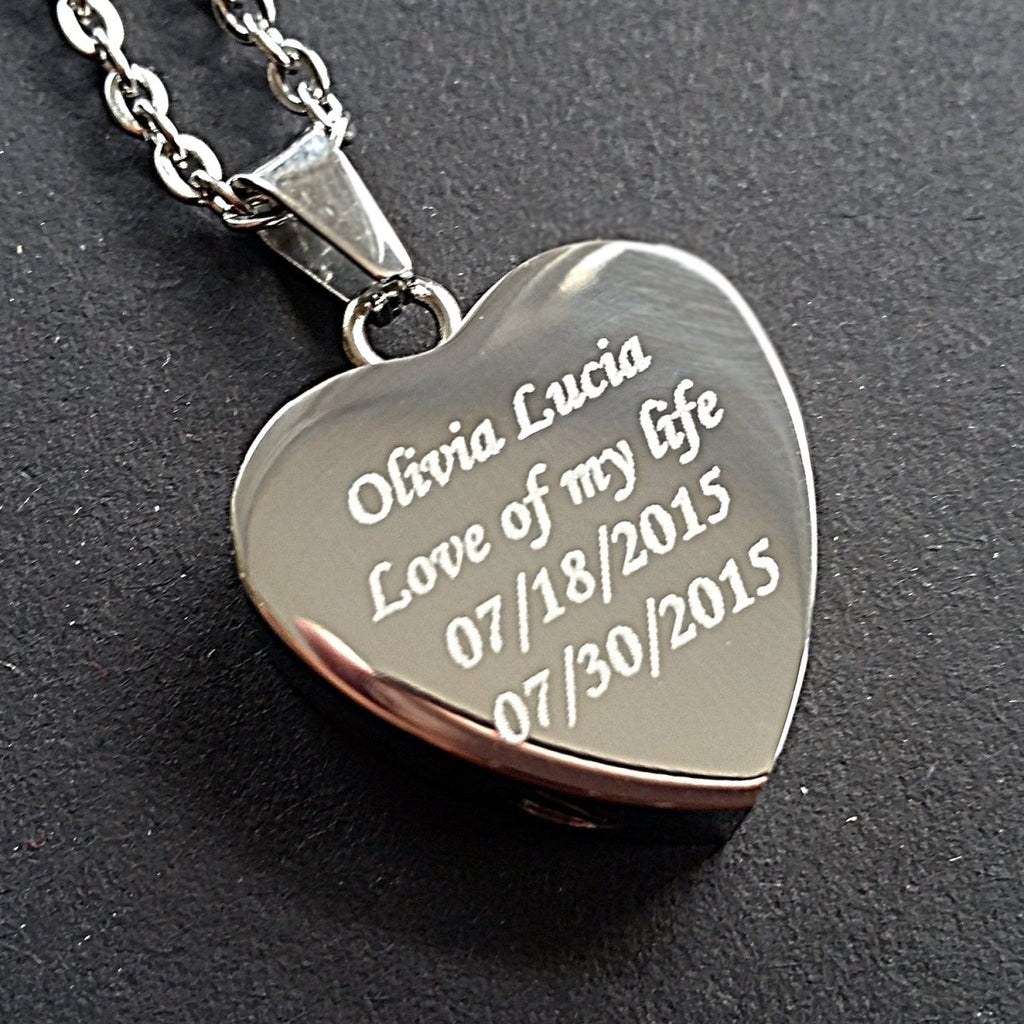 Memorial heart cremation necklace, 316L stainless steel, photo engraved, holds ashes, 3.1cm pendant.