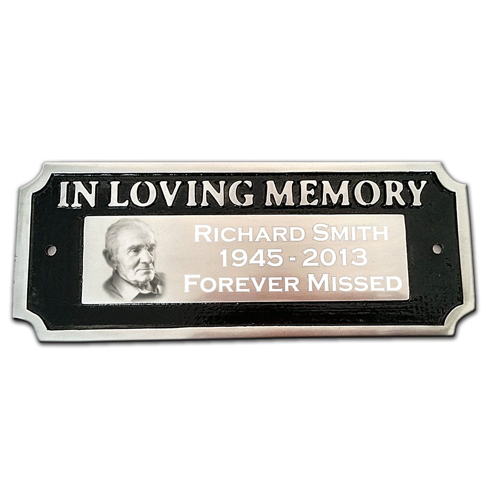 Elegant cast aluminum bench plaque with "In Loving Memory" and space for a personalized photo and text, perfect for remembrance.