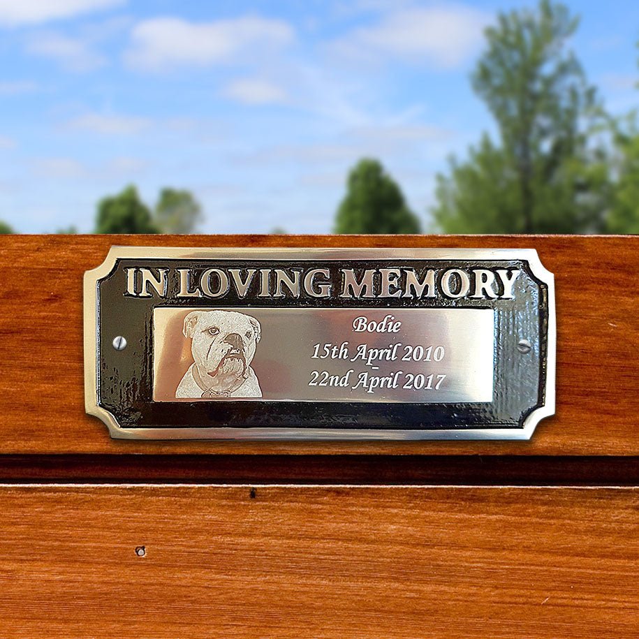 Elegant cast aluminum bench plaque with "In Loving Memory" and space for a personalized photo and text, perfect for remembrance.