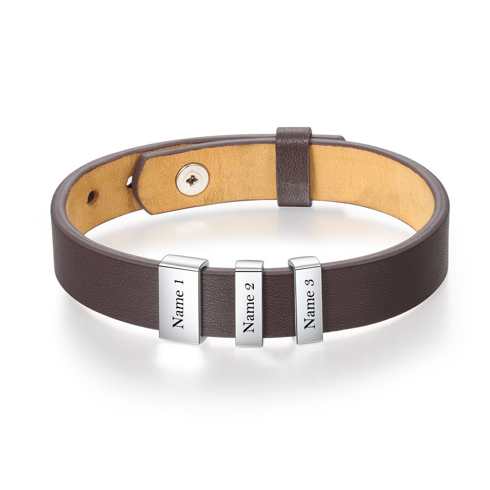 Men's leather bracelet with personalized name beads, brown/green, stainless steel, 27cm, meaningful gift.