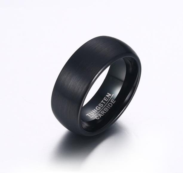Personalized tungsten carbide men’s ring in gold/blue or black, sizes 7-12, 7-14g weight.