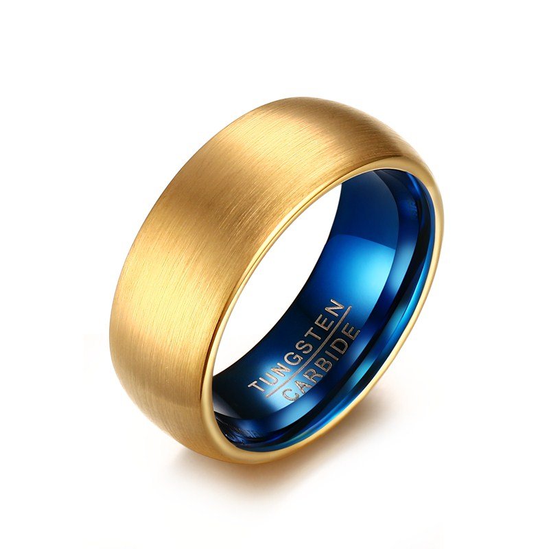 Personalized tungsten carbide men’s ring in gold/blue or black, sizes 7-12, 7-14g weight.