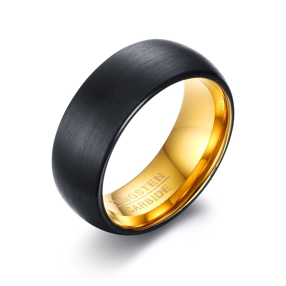 Personalized two-tone tungsten carbide men’s ring in black/gold, sizes 9-12, 14g weight.