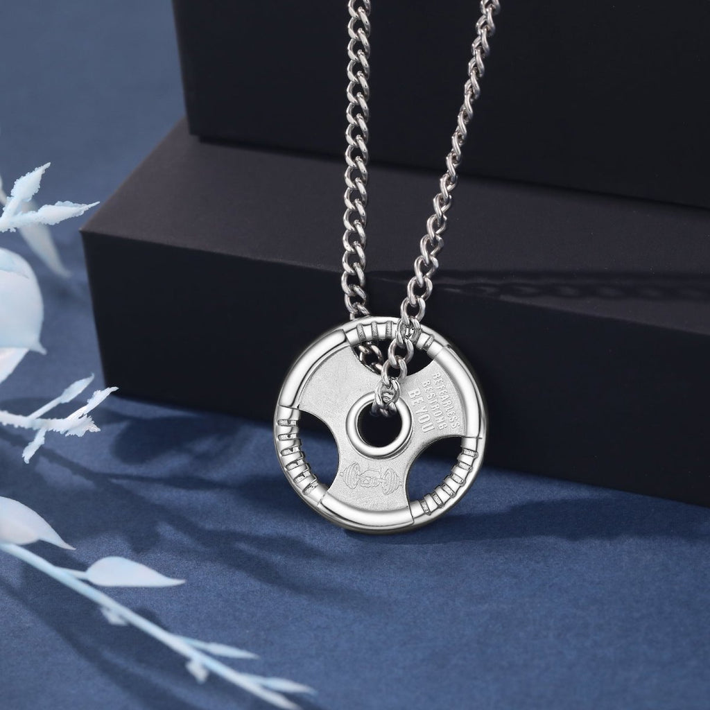 Men’s stainless steel weight plate pendant necklace, 58+6cm chain, 27.2g, perfect for gym lovers.