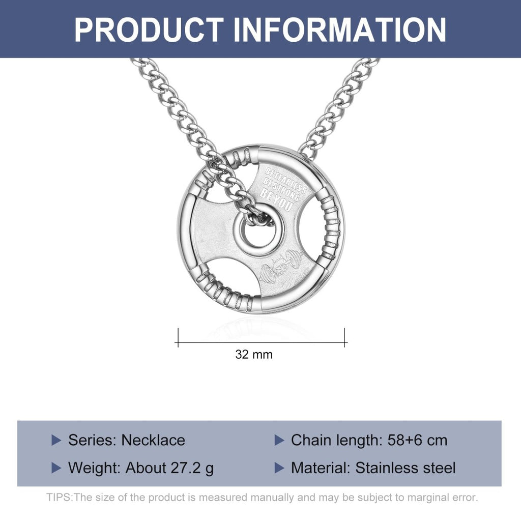 Men's Stainless Steel Weight Plate Pendant, Gym Bro Weightlifter Necklace - Engraved Memories