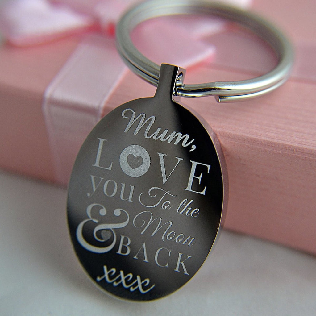 Personalized 316L stainless steel oval keychain, ‘Love You to the Moon & Back,’ 25x37mm, engraved.