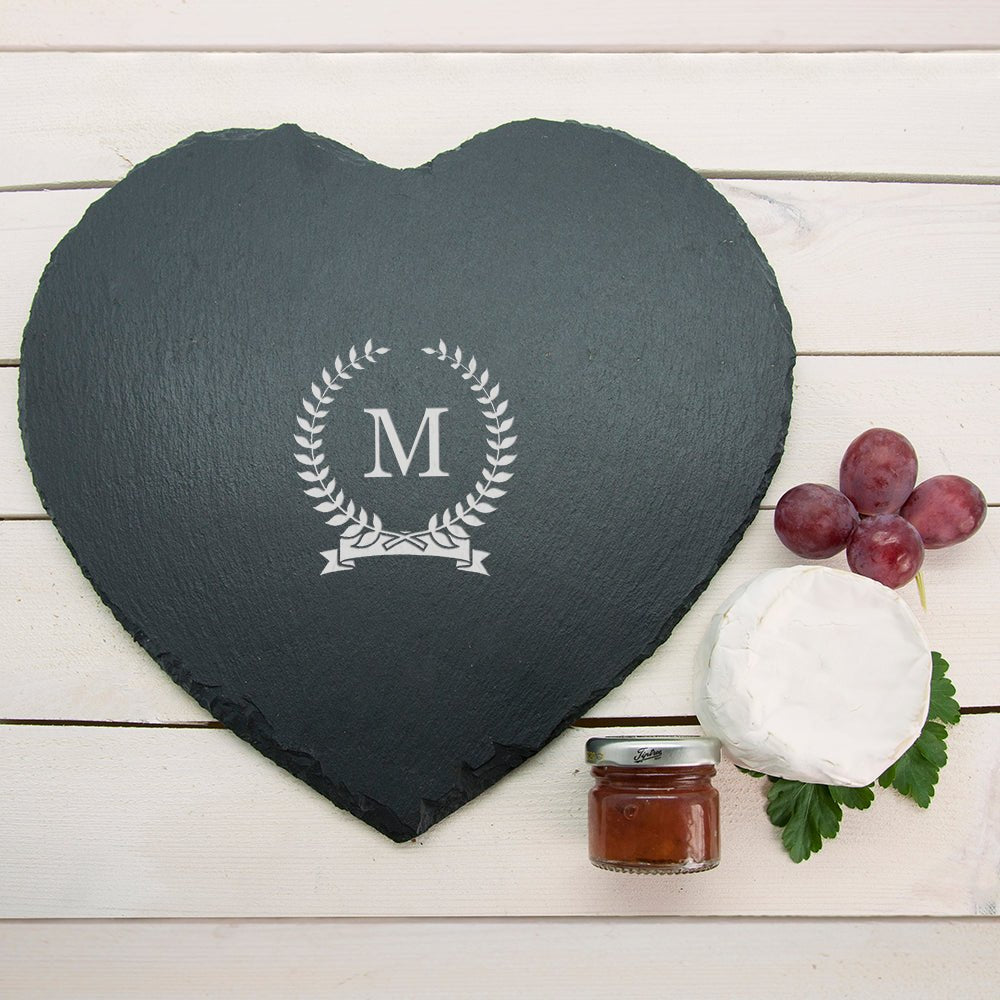 Monogrammed Wreath Heart Slate Cheese Board - Engraved Memories