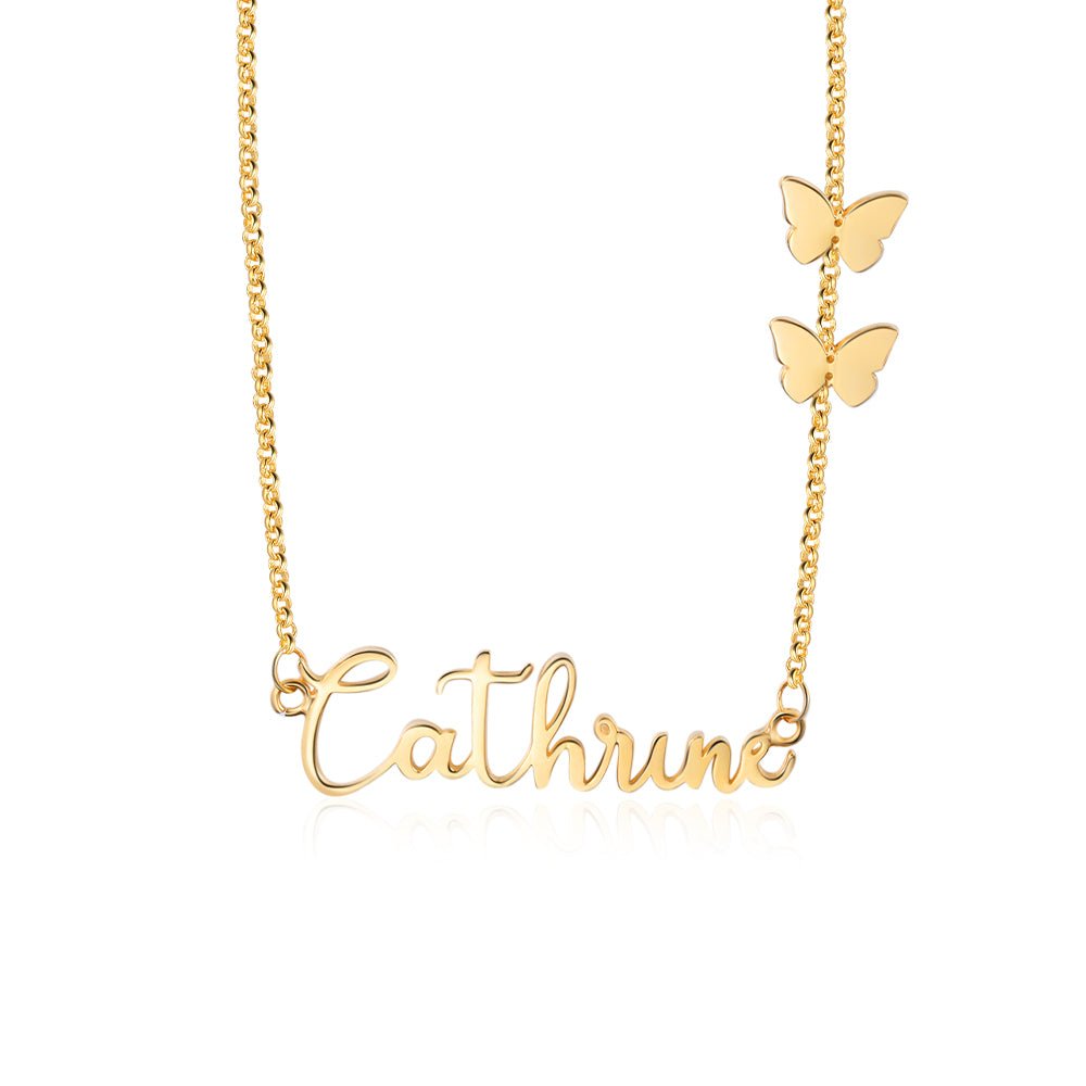 Personalized cursive name necklace with butterfly design, gold/rose gold/white gold plated, 45cm, 5.4g.