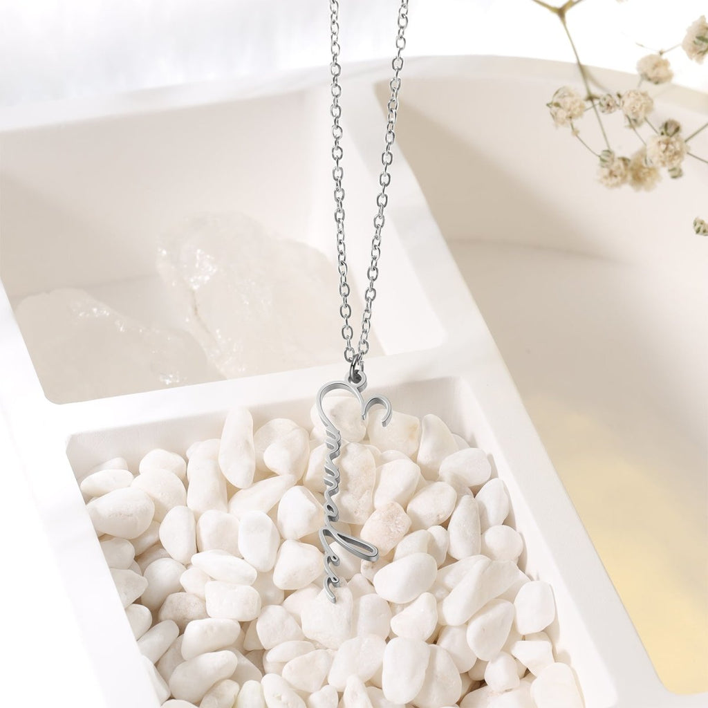 Custom cut cursive name necklace, dainty pendant, white gold/gold/rose gold plated, 44+5cm, 2.7g.