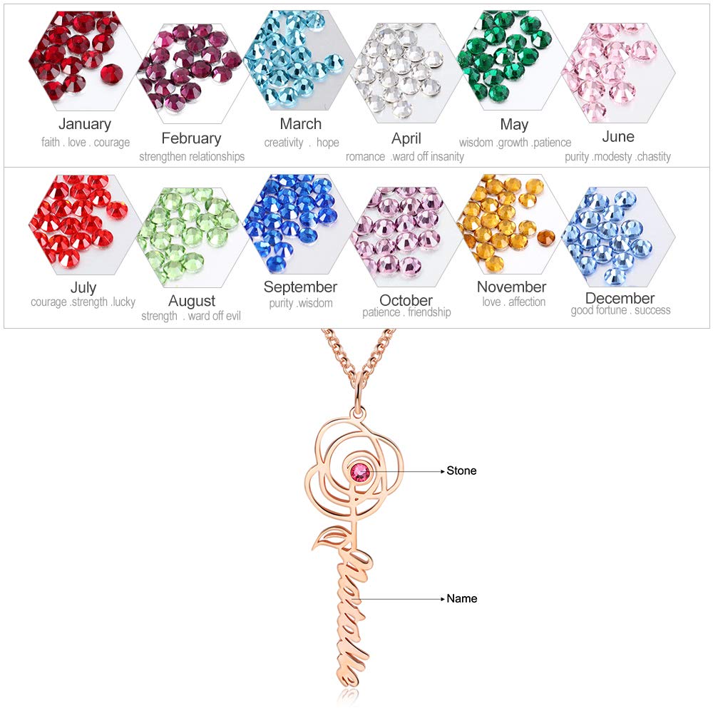 Personalized birthstone flower name necklace, sterling silver, custom cut, 14-22 inches, 4-4.5g, gold/rose gold/white gold plated