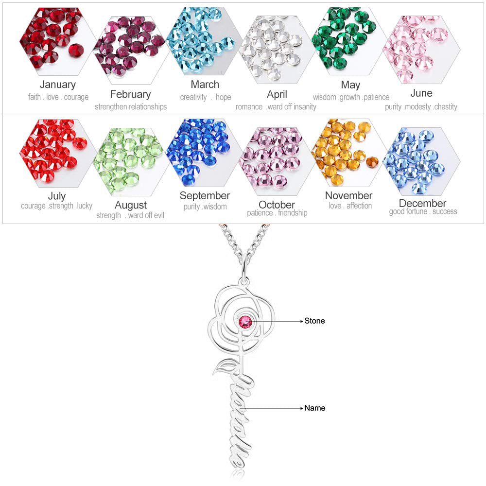 Personalized birthstone flower name necklace, sterling silver, custom cut, 14-22 inches, 4-4.5g, gold/rose gold/white gold plated