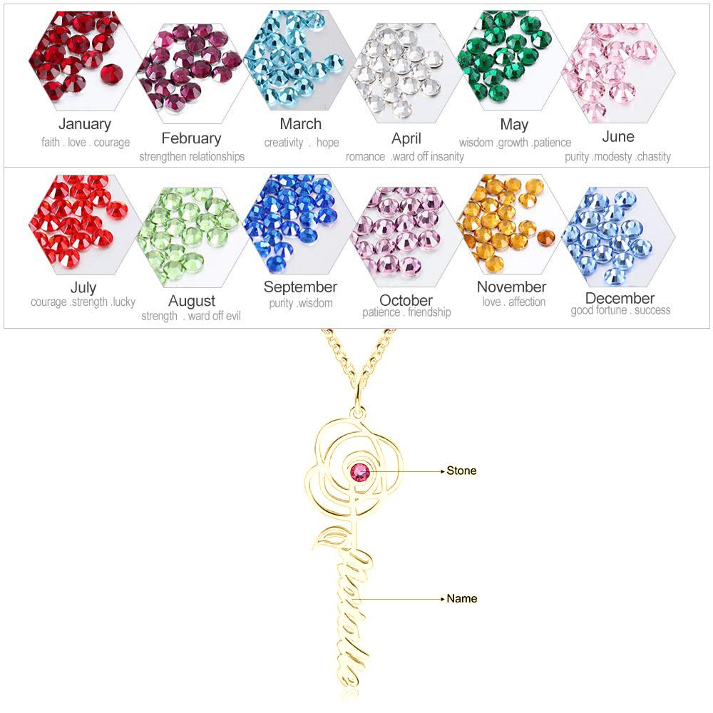 Personalized birthstone flower name necklace, sterling silver, custom cut, 14-22 inches, 4-4.5g, gold/rose gold/white gold plated
