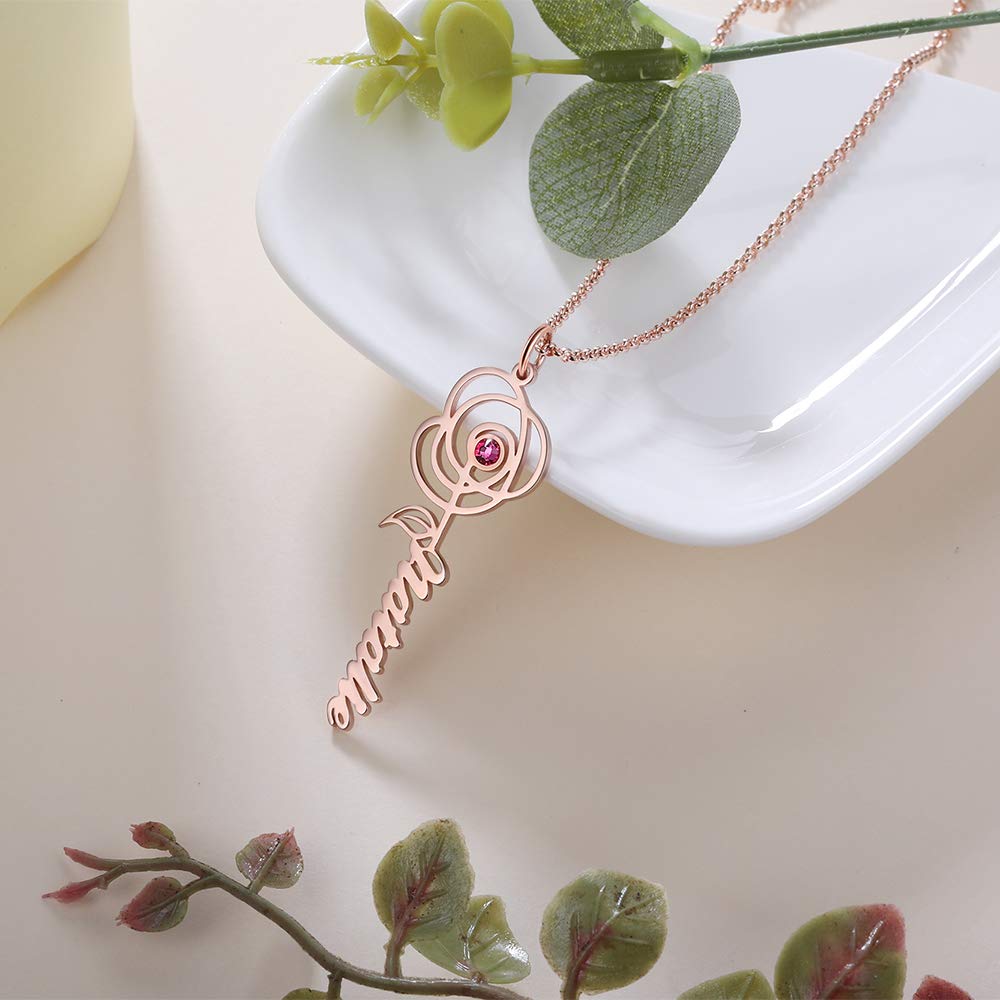 Personalized birthstone flower name necklace, sterling silver, custom cut, 14-22 inches, 4-4.5g, gold/rose gold/white gold plated