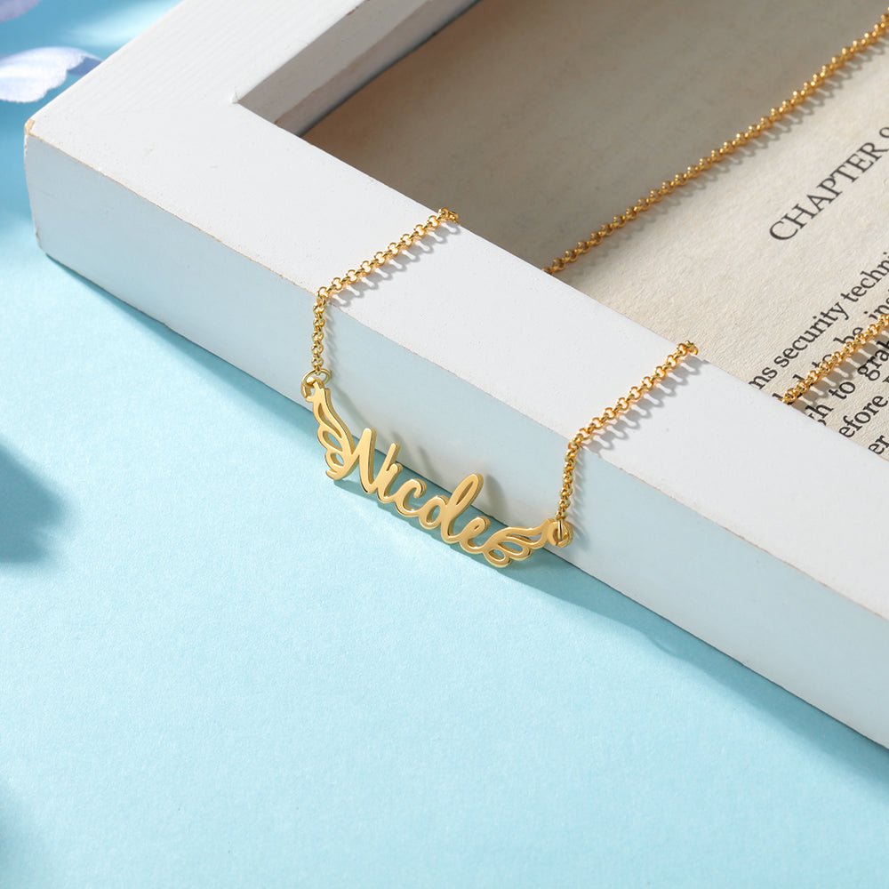 Personalized sterling silver name necklace with wing design, gold/rose gold/white gold plated, 50cm chain, 3.5g