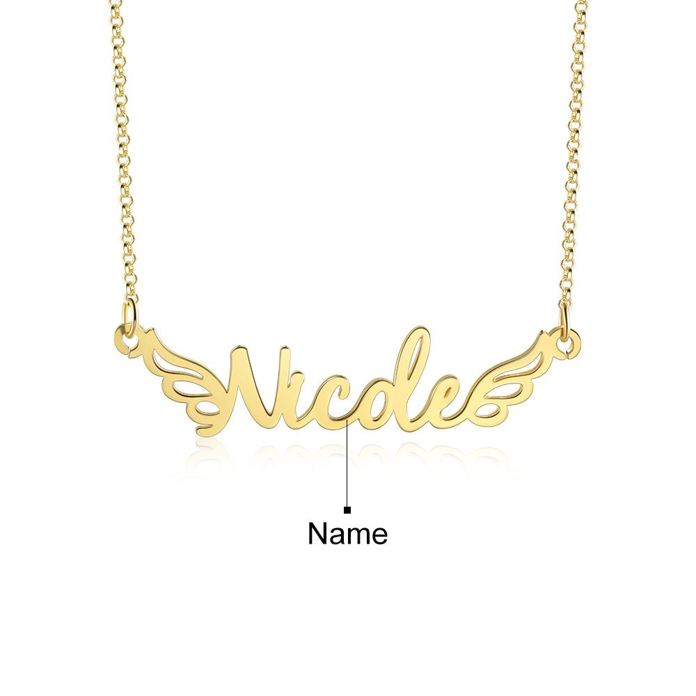 Personalized sterling silver name necklace with wing design, gold/rose gold/white gold plated, 50cm chain, 3.5g