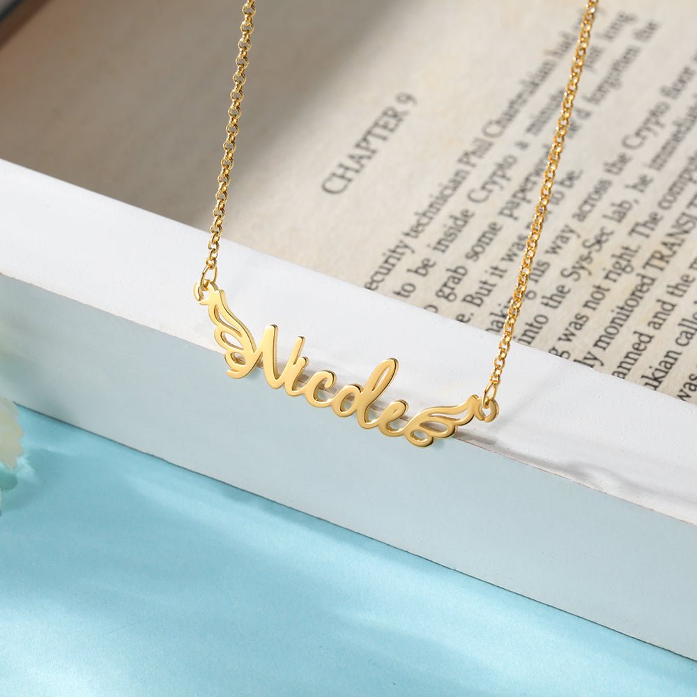 Personalized sterling silver name necklace with wing design, gold/rose gold/white gold plated, 50cm chain, 3.5g