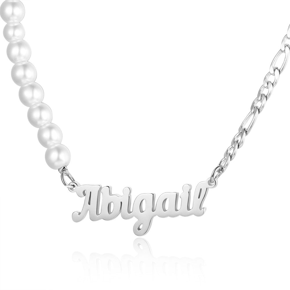 Personalized stainless steel name necklace with half-pearl design, gold/rose gold/white gold plated, 40+5cm chain, 15.4g.