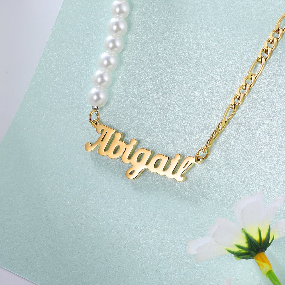 Personalized stainless steel name necklace with half-pearl design, gold/rose gold/white gold plated, 40+5cm chain, 15.4g.