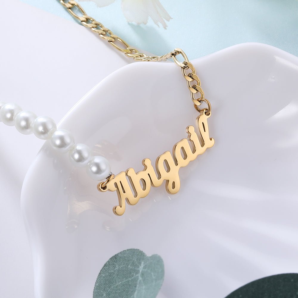 Personalized stainless steel name necklace with half-pearl design, gold/rose gold/white gold plated, 40+5cm chain, 15.4g.