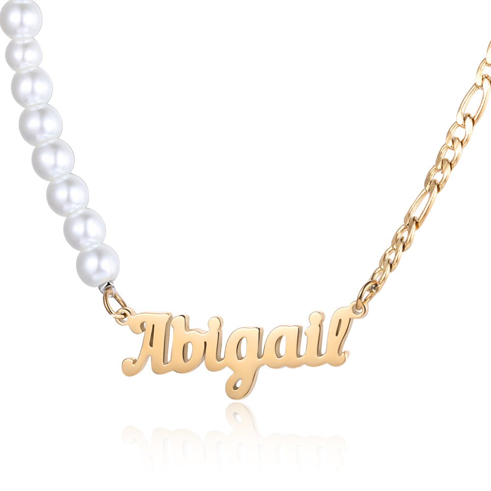 Personalized stainless steel name necklace with half-pearl design, gold/rose gold/white gold plated, 40+5cm chain, 15.4g.