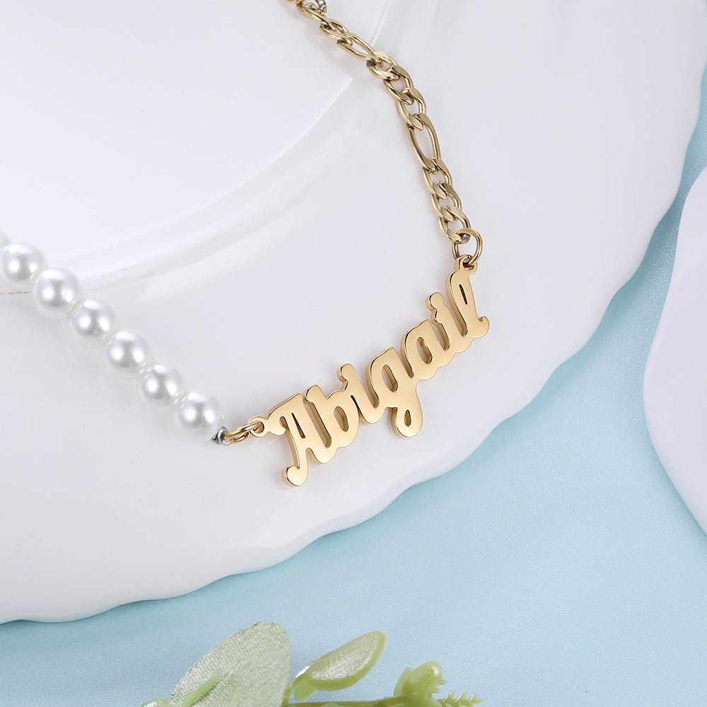 Personalized stainless steel name necklace with half-pearl design, gold/rose gold/white gold plated, 40+5cm chain, 15.4g.