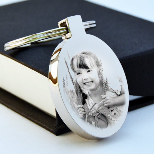 Engraved Oval Photo Keychain in mirror-finished stainless steel, customizable with photos, text, or logos.