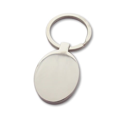 Engraved Oval Photo Keychain in mirror-finished stainless steel, customizable with photos, text, or logos.
