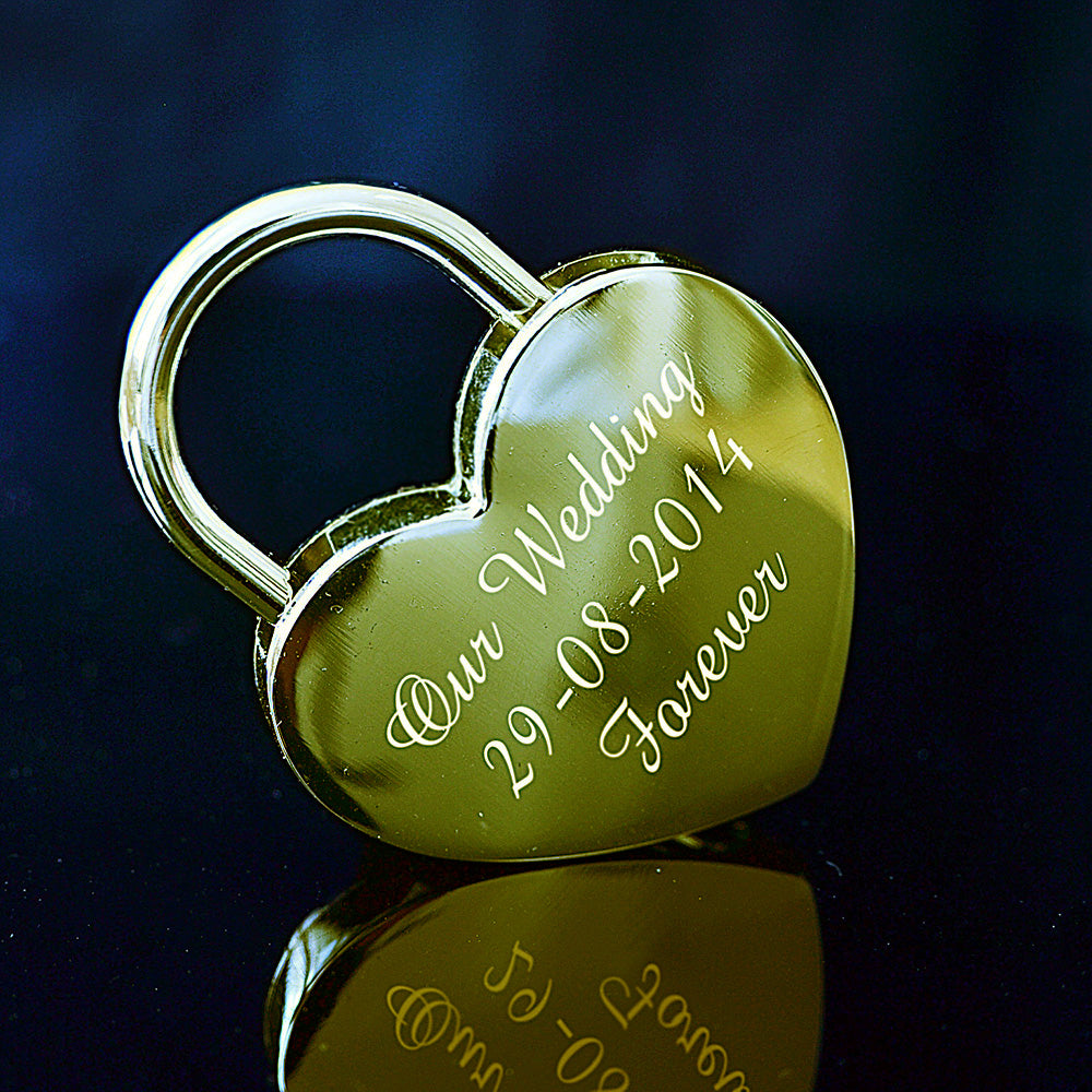 Personalized Gold Love Lock with Key, engrave text on both sides, heart-shaped, 58mm x 44mm.