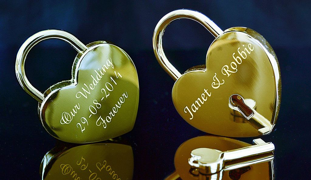Personalized Gold Love Lock with Key, engrave text on both sides, heart-shaped, 58mm x 44mm.