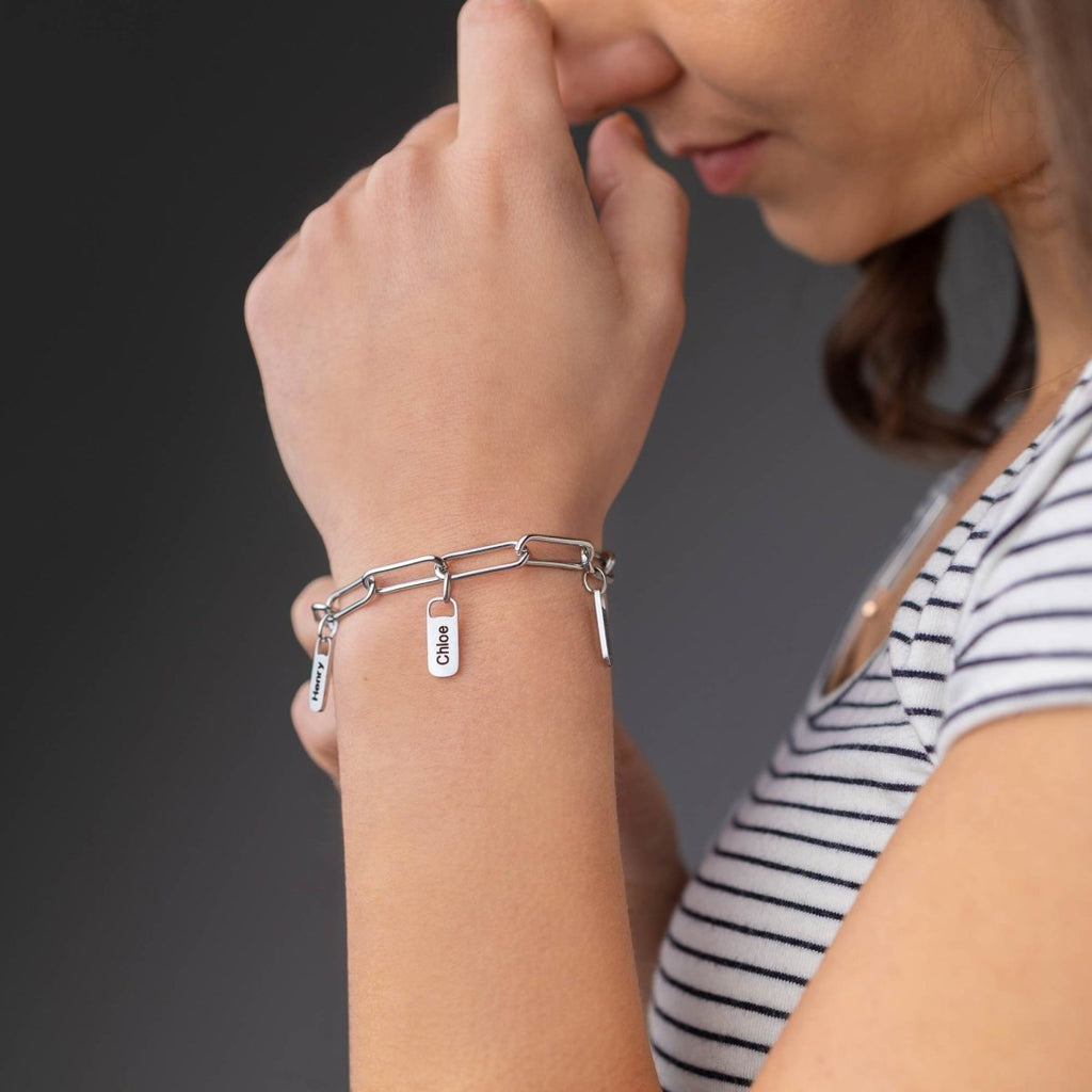 Paperclip Personalized Charm Bracelet with Engraved Names - Engraved Memories