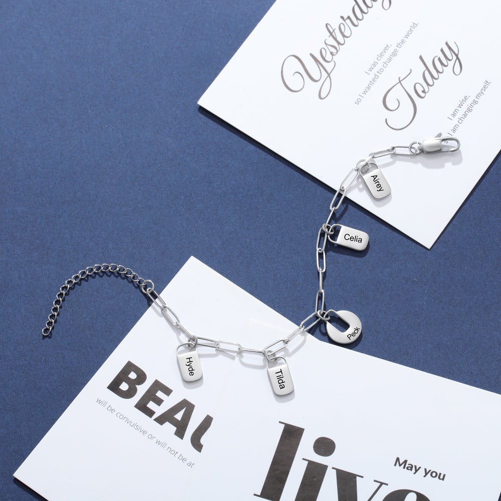 Paperclip Personalized Charm Bracelet with Engraved Names - Engraved Memories