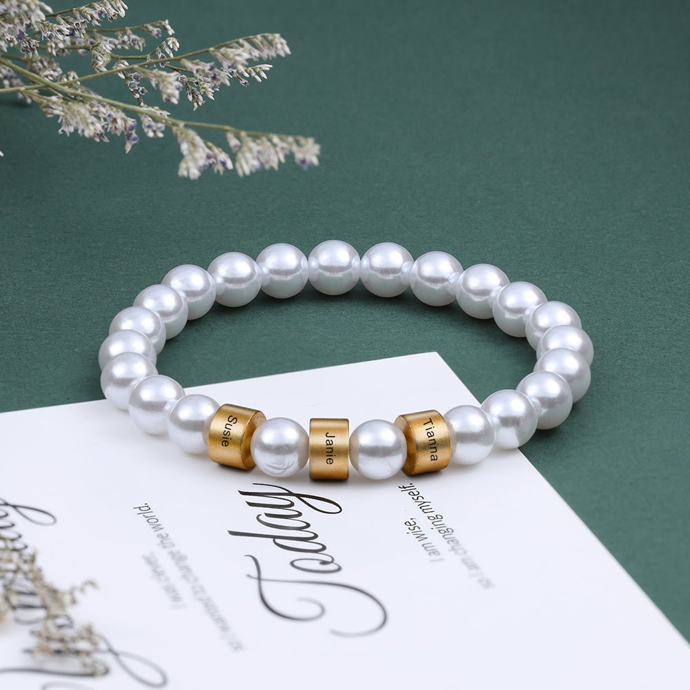 Personalized pearl bracelet with gold beads, charm, adjustable, 18cm, 11.5g, mother's/anniversary gift.