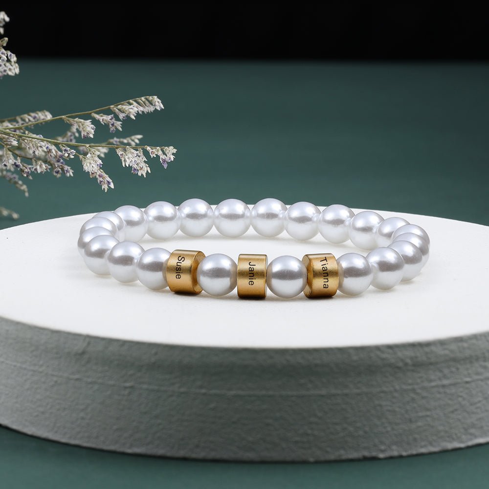 Personalized pearl bracelet with gold beads, charm, adjustable, 18cm, 11.5g, mother's/anniversary gift.