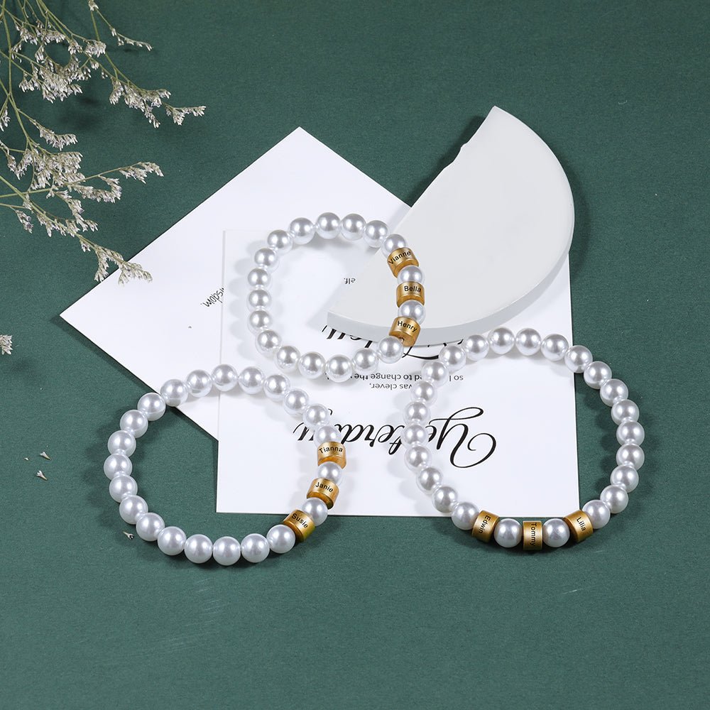 Personalized pearl bracelet with gold beads, charm, adjustable, 18cm, 11.5g, mother's/anniversary gift.