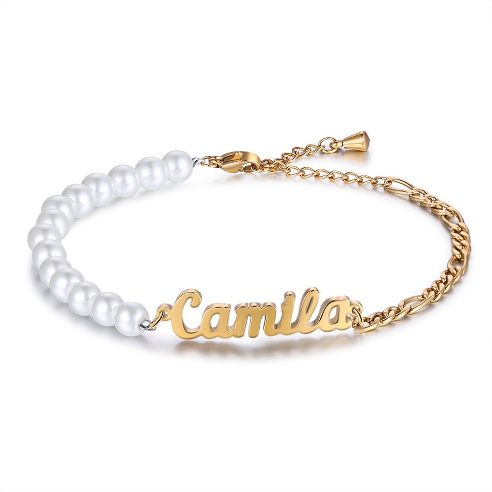 Pearl Name Bracelet, Personalised Stainless Steel Bracelet with Pearls, Cutout Name Bracelet - Engraved Memories