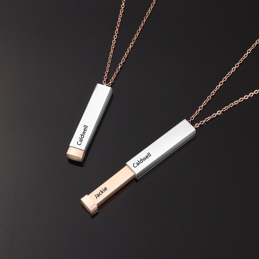 Personalized double name bar pendant necklace, unisex, stainless steel, white gold plated, adjustable chain.