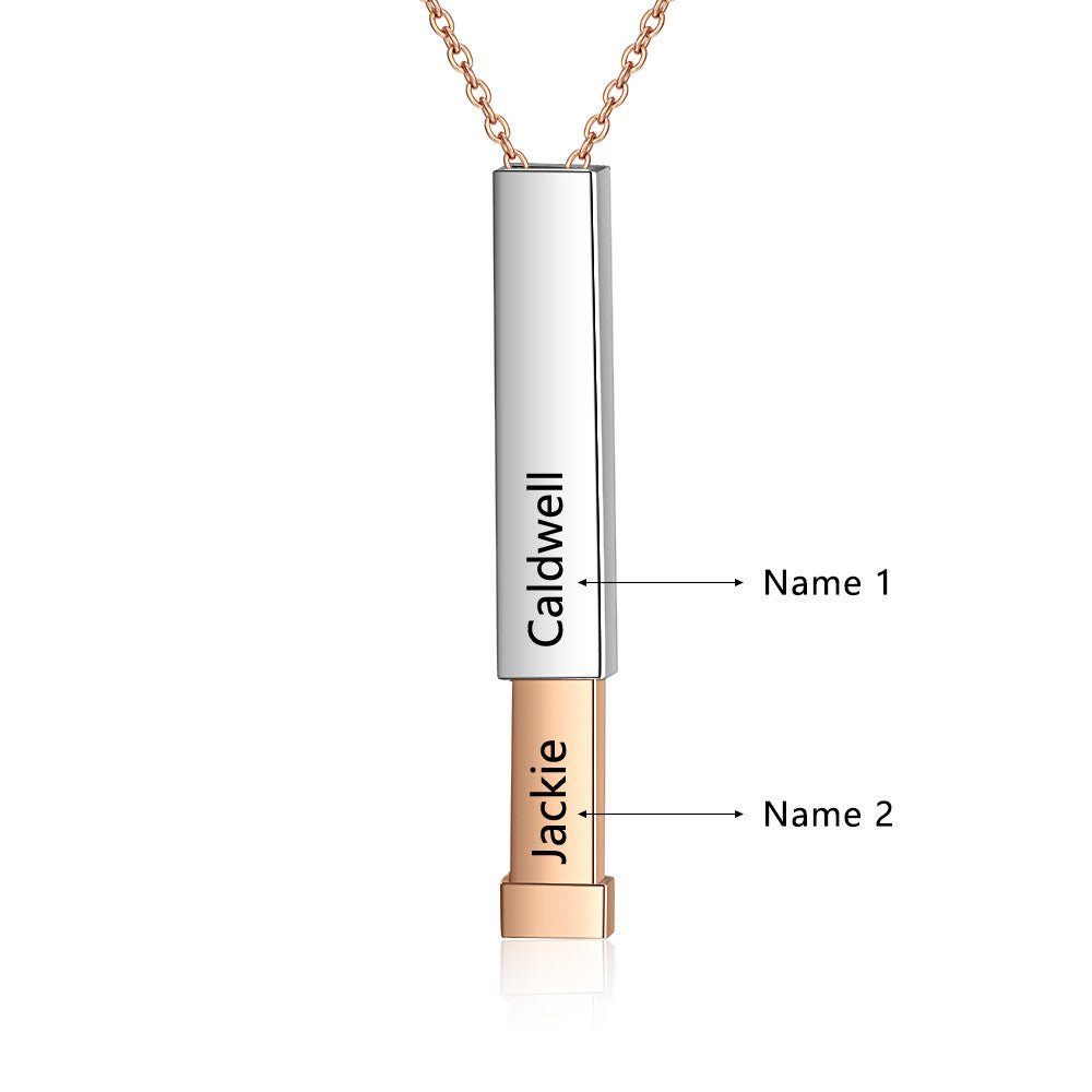 Personalized double name bar pendant necklace, unisex, stainless steel, white gold plated, adjustable chain.