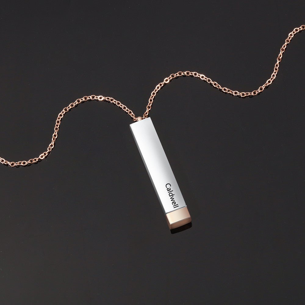 Personalized double name bar pendant necklace, unisex, stainless steel, white gold plated, adjustable chain.