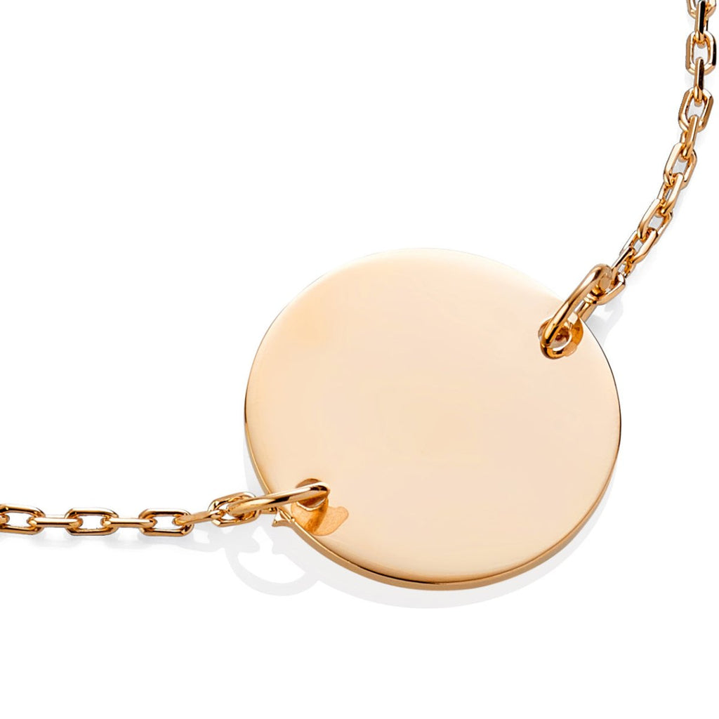 Elegant 18Kt Gold Plated bracelet with engravable disc for initials, perfect for Mother's Day or special occasions.