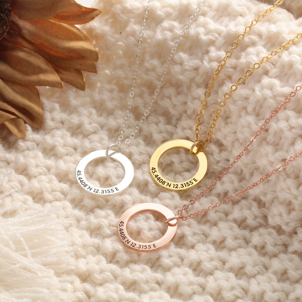Personalized sterling silver circle necklace, custom engraved ring pendant, gold/rose gold/white gold, 4.2g.