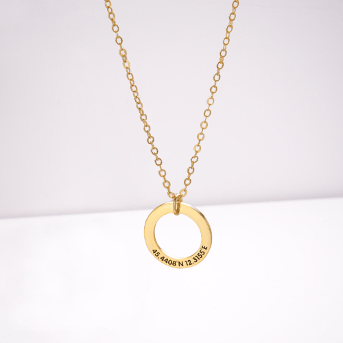 Personalized sterling silver circle necklace, custom engraved ring pendant, gold/rose gold/white gold, 4.2g.