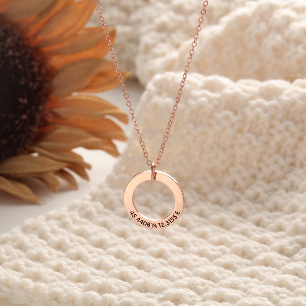 Personalized sterling silver circle necklace, custom engraved ring pendant, gold/rose gold/white gold, 4.2g.