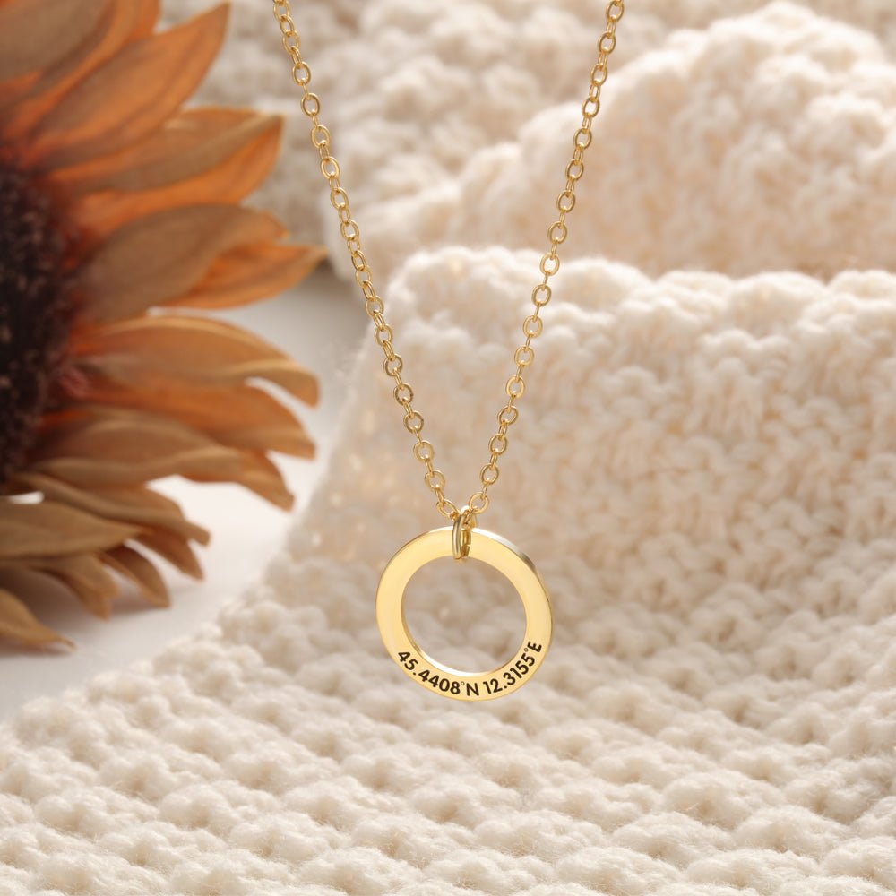 Personalized sterling silver circle necklace, custom engraved ring pendant, gold/rose gold/white gold, 4.2g.