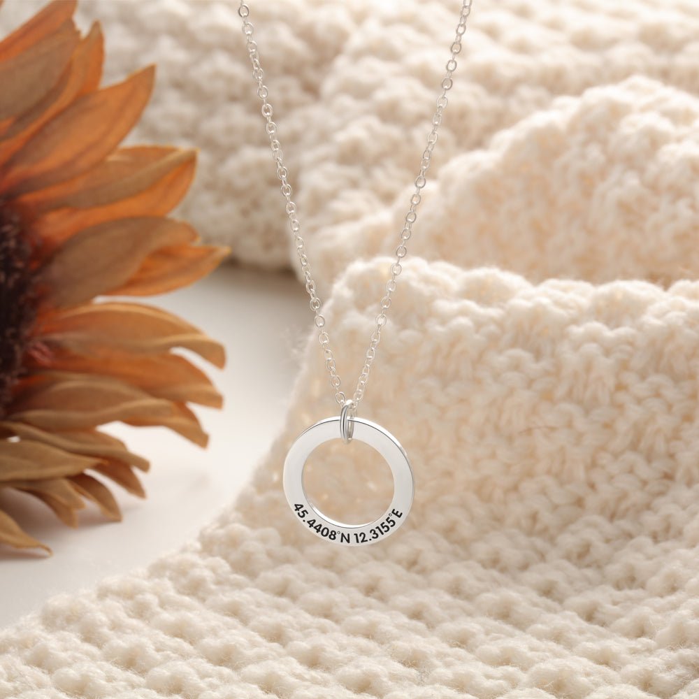 Personalized sterling silver circle necklace, custom engraved ring pendant, gold/rose gold/white gold, 4.2g.