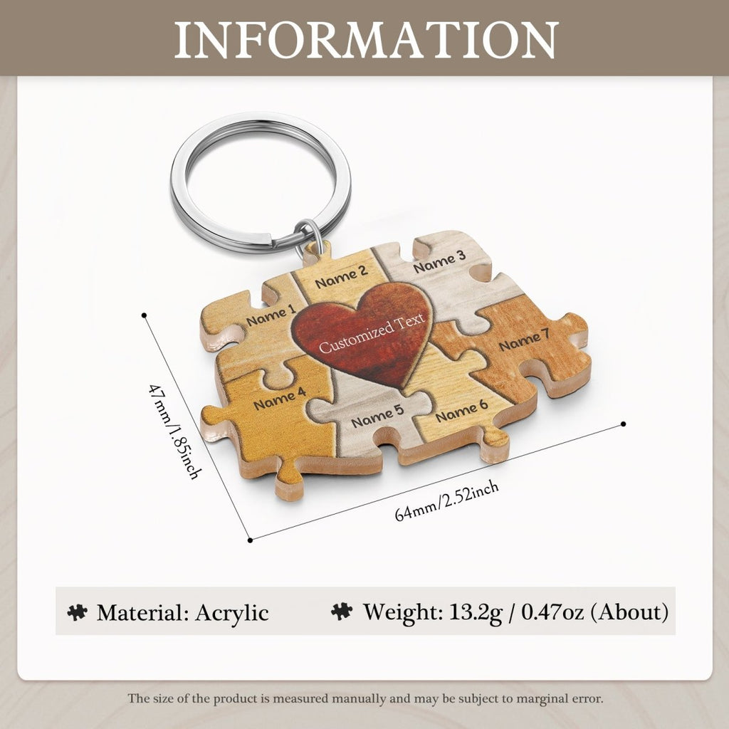 Personalised acrylic puzzle keychain (64×47mm) with custom names—up to 7 engraved pieces for a unique gift.
