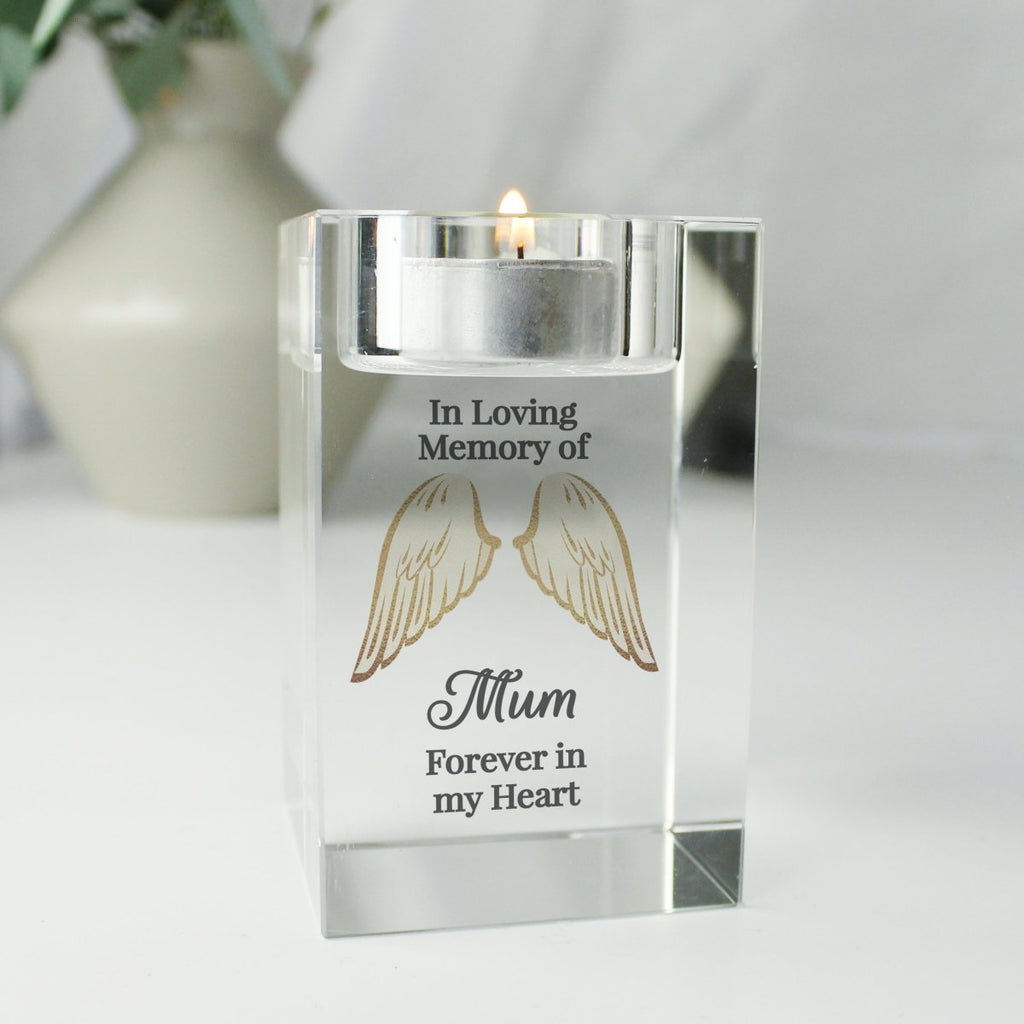 Personalised Angel Wings Memorial Glass Tealight Holder - Engraved Memories