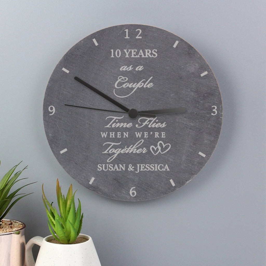 Elegant grey slate anniversary clock, personalized engraving, 4 lines of text, 'Time Flies When We're Together,' 1x AA battery
