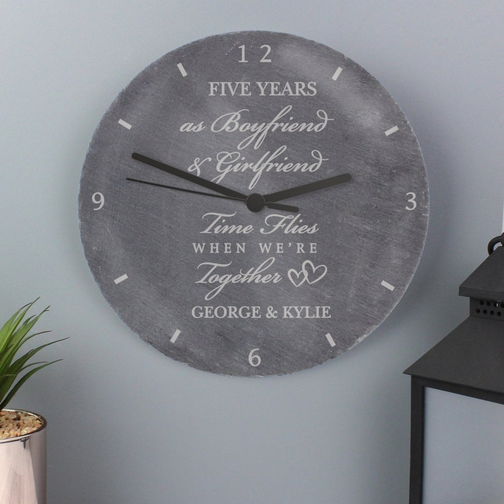 Elegant grey slate anniversary clock, personalized engraving, 4 lines of text, 'Time Flies When We're Together,' 1x AA battery